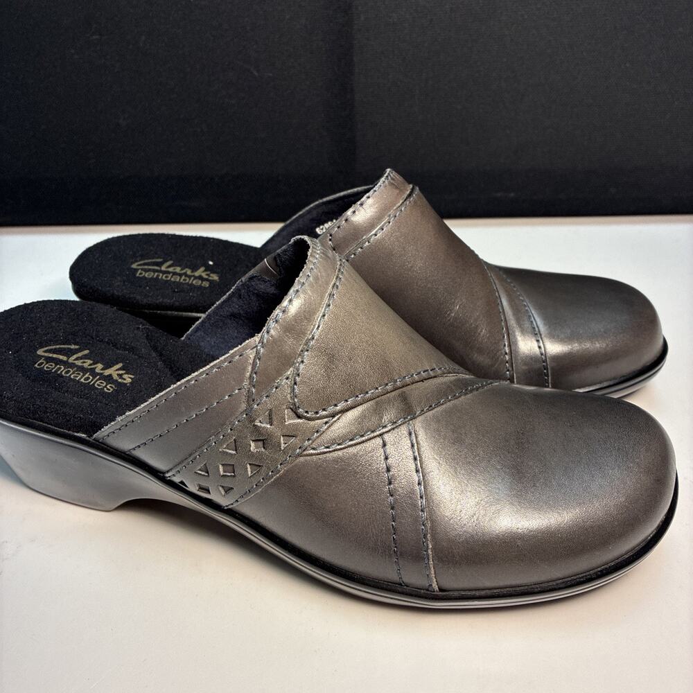 Clarks Women's 6.5 Bendables Dark Gray Leather Slip On Mule Loafer Clogs Comfort
